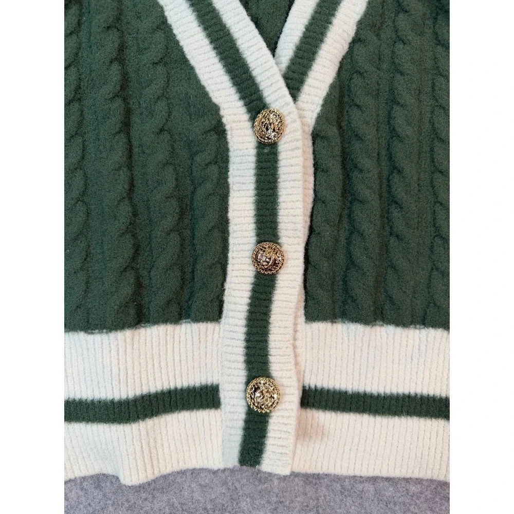 Threaded Leaf Womens Green Cable Knit Varsity Cropped Cardigan Gold Buttons M